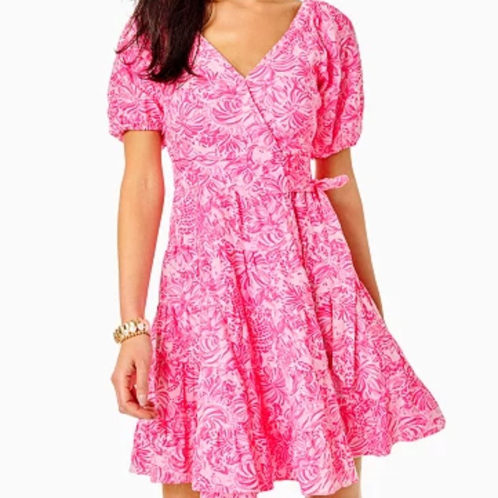 NWT Lilly Pulitzer Pink Blossom Foxy Llama Linen Wrap Dress